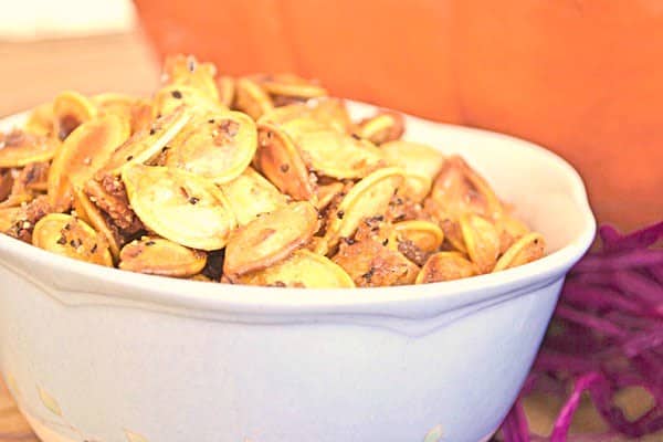 Salty Sweet Roasted Pumpkin Seeds Recipe - A healthy and delicious Halloween snack.