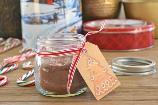Candy Cane Hot Chocolate, a flavored hot chocolate to give as a homemade food gift. This goes really well with my free Christmas Gift Tags and Coordinating Recipe Tags