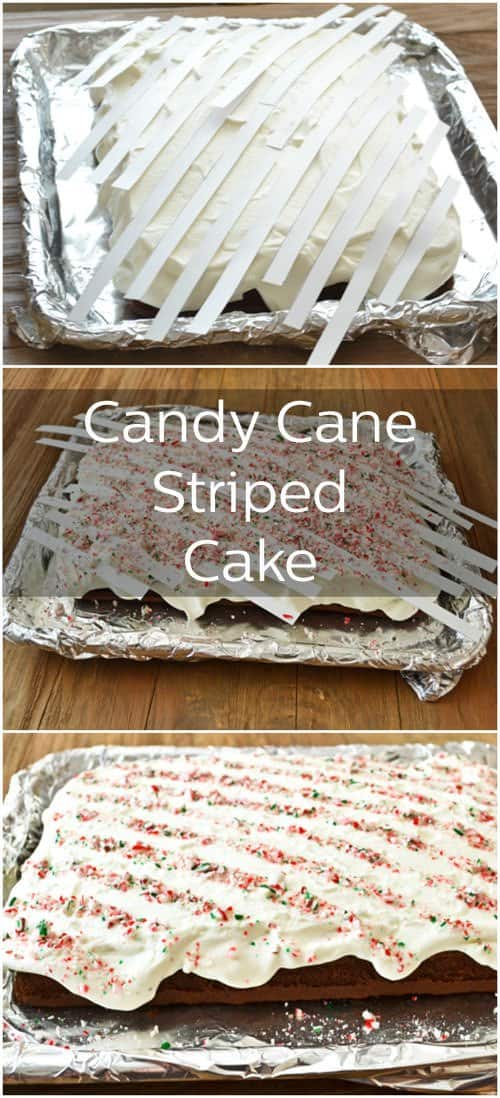 Collage of cake pictures, text reads Candy Cane Striped Cake.