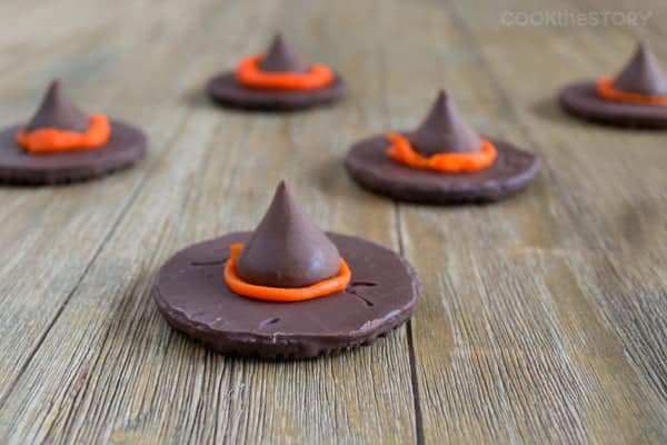 Two-Ingredient Easy Halloween treat recipe for Chocolate Witches' Hats. So easy, a 5-year old shows you how to make them!