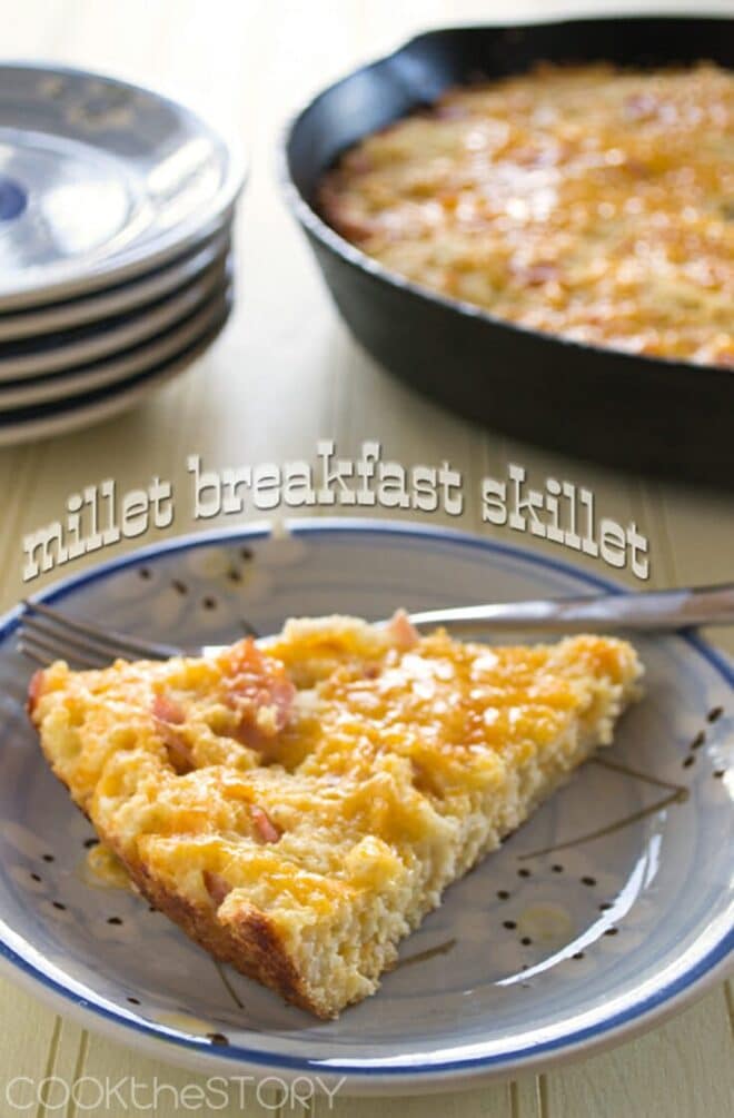 Slice of millet breakfast skillet on a plate with fork.