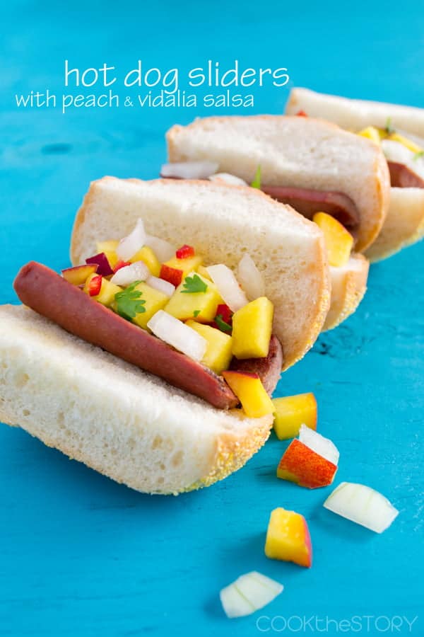 Hot Dog Sliders Topped with Peach and Vidalia Salsa