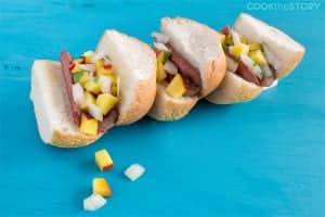 Hot Dog Sliders with Peach and Vidalia Topping