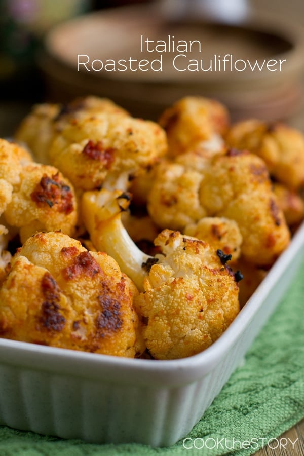 Roasted cauliflower florets with tomato paste and Parmesan cheese baked in.