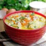 A red bowl full of chicken soup with dumplings, carrots, and parsley