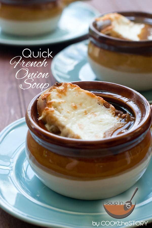 Quick French Onion Soup in a small brown crock, with a slice of cheesy toast on top. 