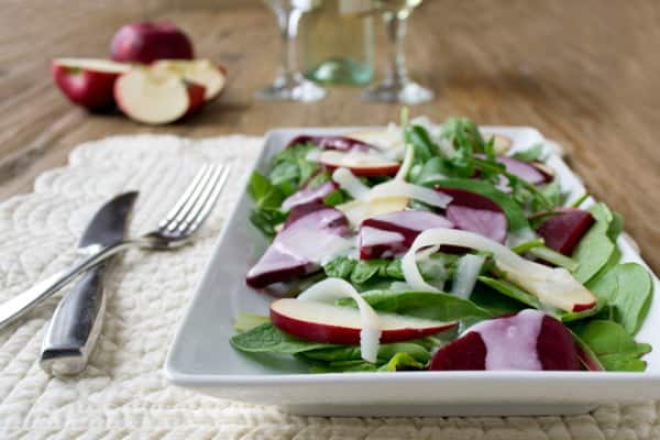 Quick Beet and Kale Salad with Apples and a Creamy Tangy Dressing