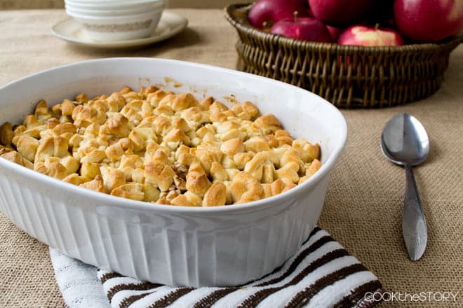 Easiest Apple Cobbler in a white casserole dish.