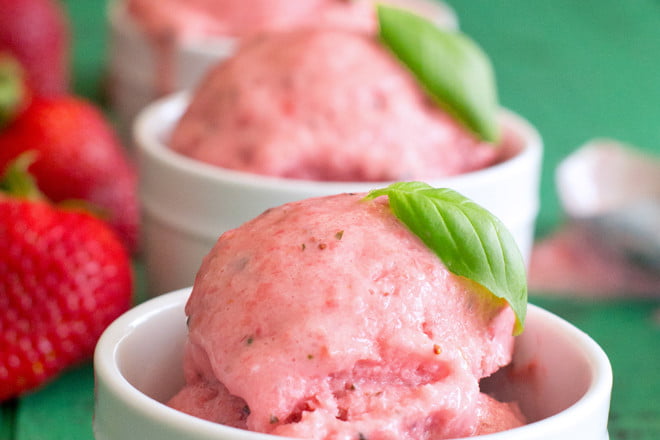 Recipe for no-churn Strawberry Frozen Yogurt with Basil and Lemon - no machine is needed to make this delicious dessert.