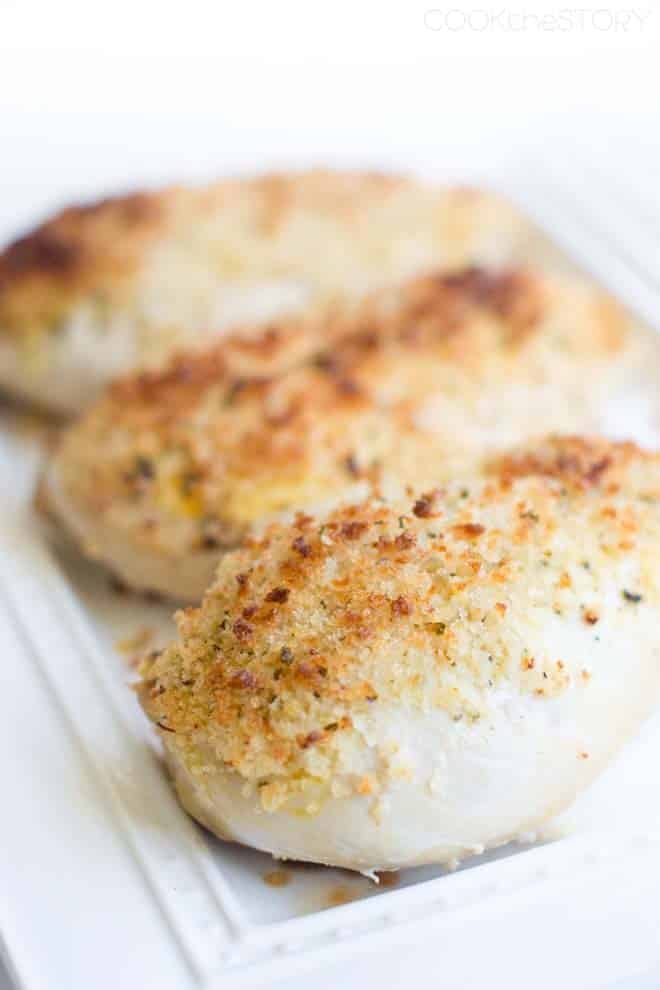Cooked chicken breasts with panko topping.