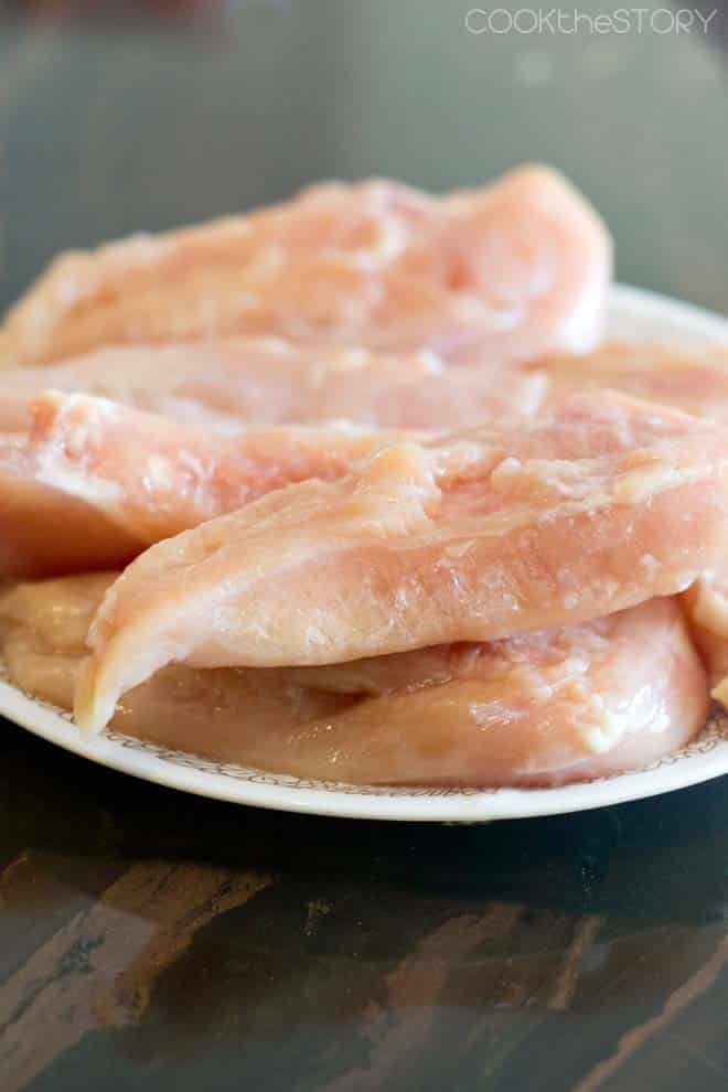 Raw Frozen Chicken Breasts on plate.