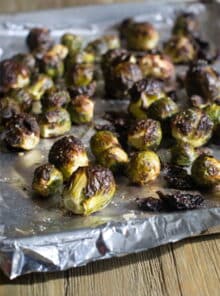 Whole Roasted Brussels Sprouts on a baking sheet