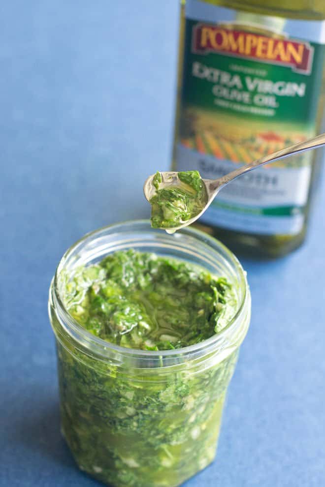 Italian Salsa Verde with spoonful to show texture.