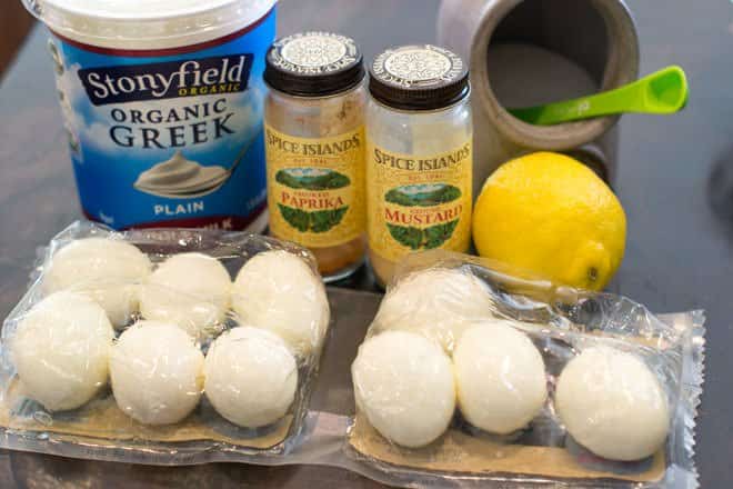 Deviled Eggs Ingredients set out on countertop.