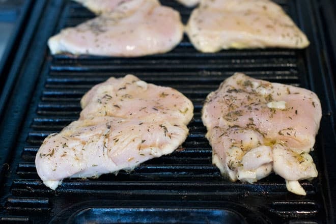 Chicken breasts on the grill.