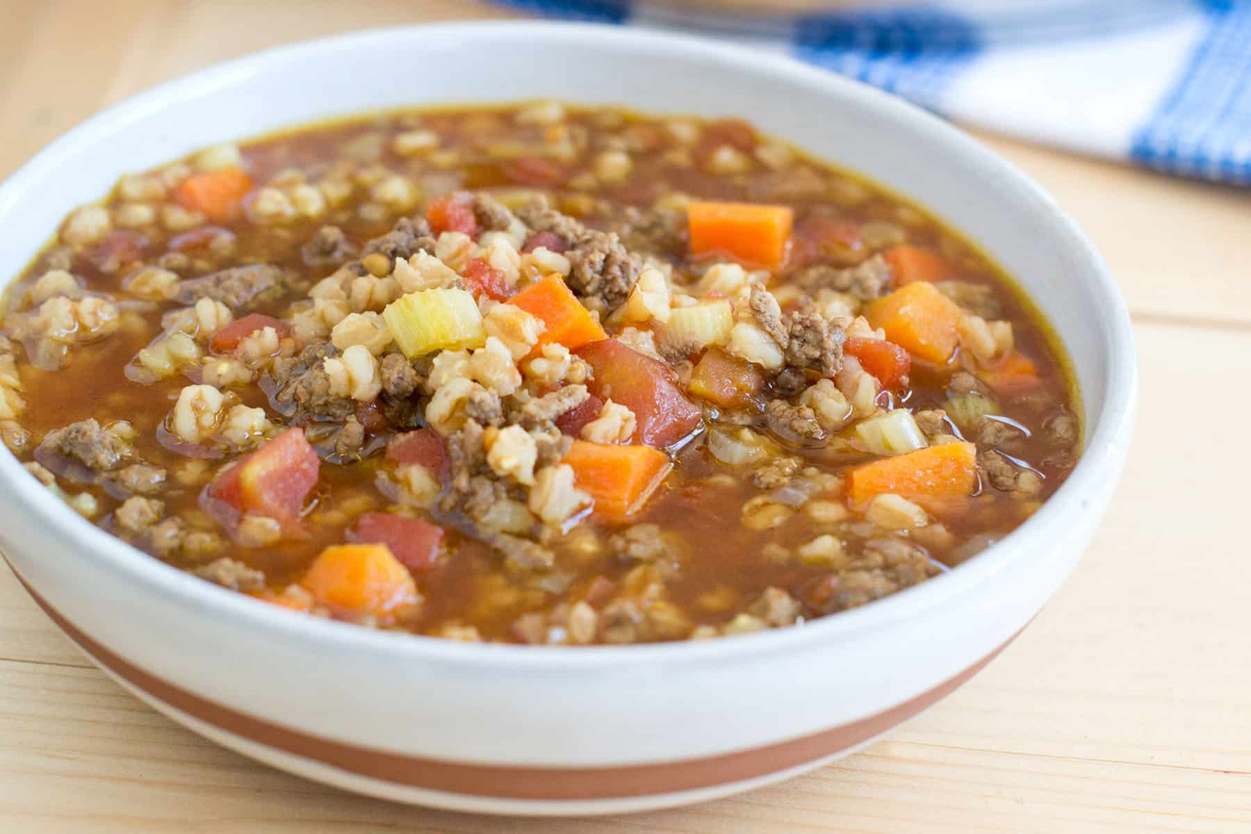A bowl of beef and farro soup