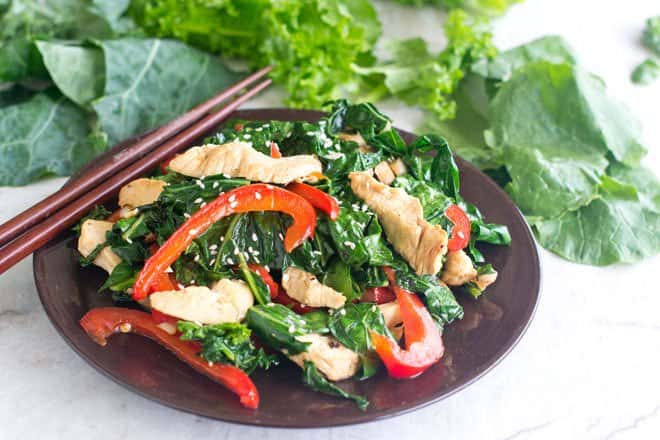 An amazing way to use that big bag of cut greens from your fridge - put them in a stir fry! It's a quick, delicious and healthy meal.