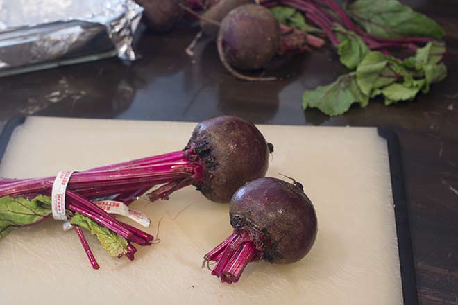 Trim stems, leaving a couple inches attached to the beets.