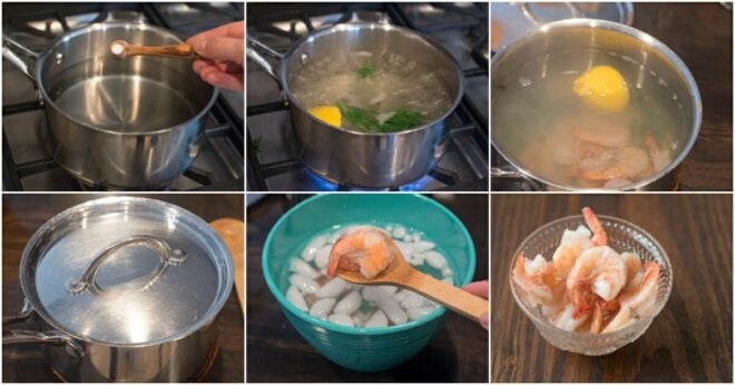 Collage of 6 photos showing the steps of poaching shrimp.