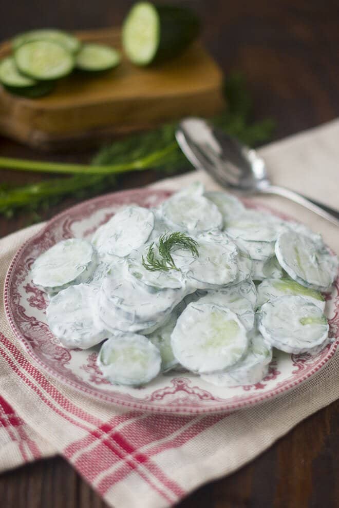 Cucumber salad with dill on a red and white patterned plate.
