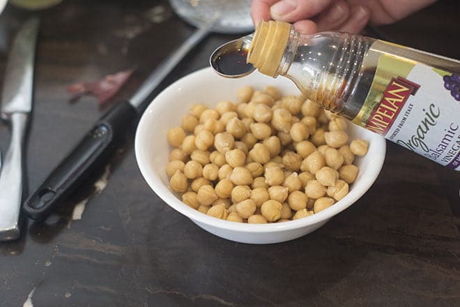Bowl of chickpeas and balsamic vinegar.