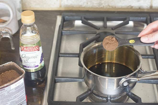 Add cocoa powder to pan of balsamic.