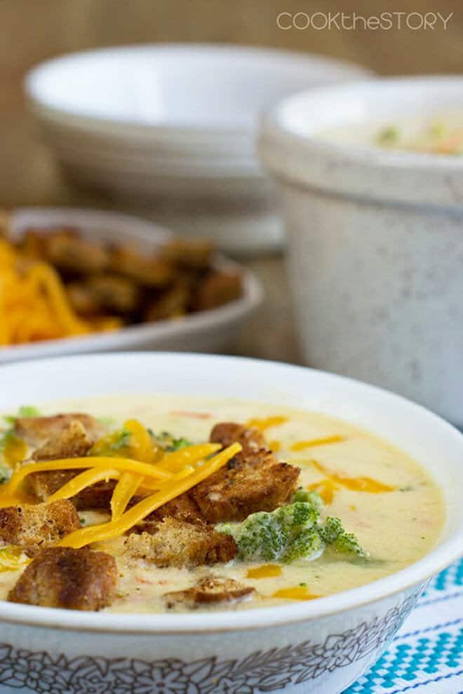 Broccoli Cheddar Soup with croutons.