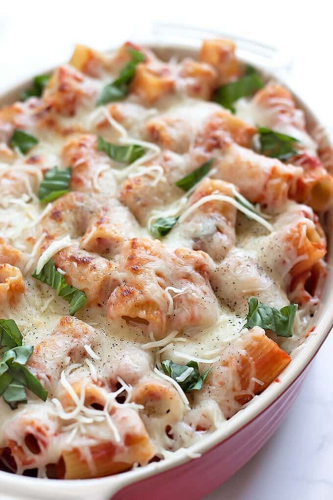 Casserole dish of cheese topped pasta.