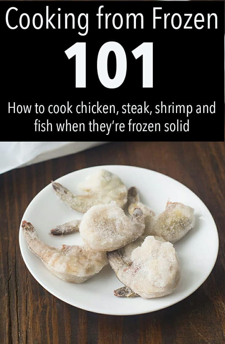 Frozen shrimp on a plate, text reads Cooking From Frozen 101.