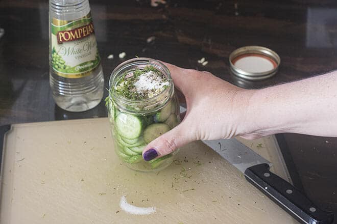 Quick pickle ingredients in glass jar.