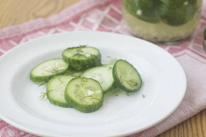 White plate of quick pickle slices.