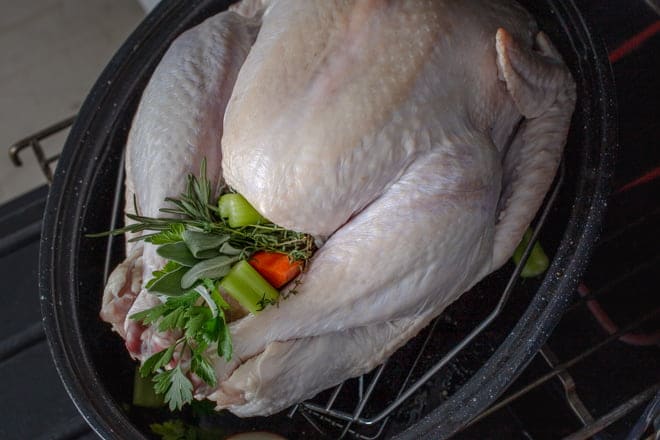 Raw turkey in a roasting pan.