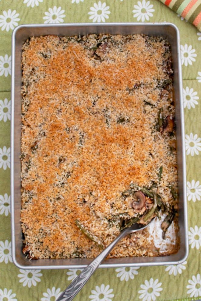 Green bean casserole with a crunchy topping.
