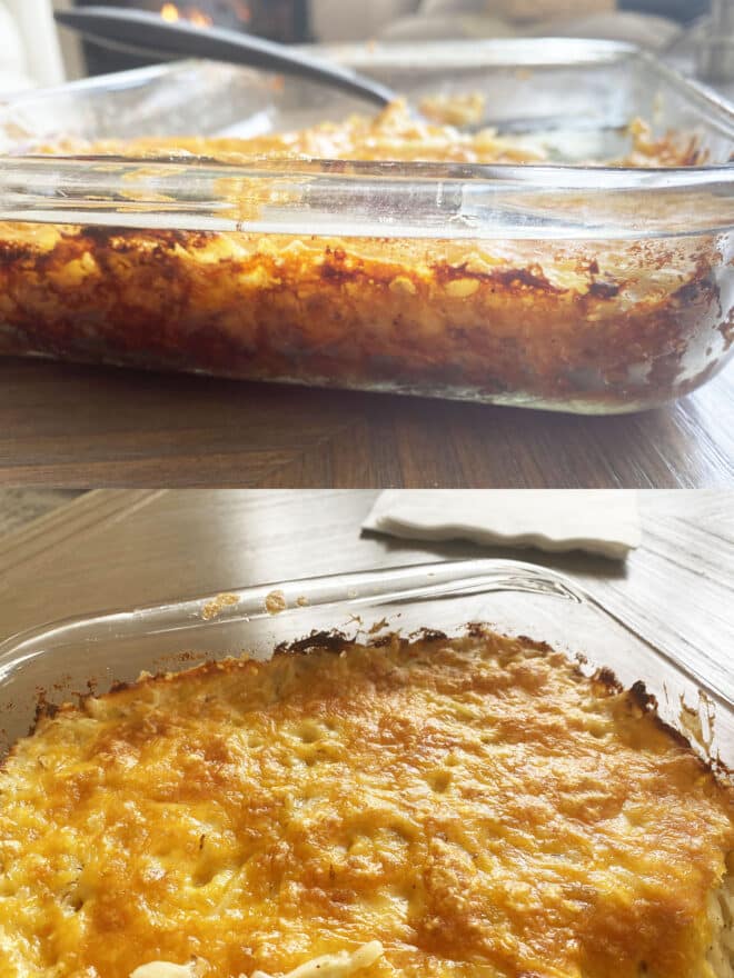 A side view looking through the clear glass baking dish to show the crunchy browned sides of the hashbrown casserole, and an image of the top showing the crunchy edges too.