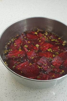 Brine and beets in bowl.
