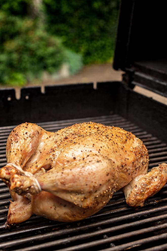 Whole chicken with seasonings on the grill, with legs trussed together.