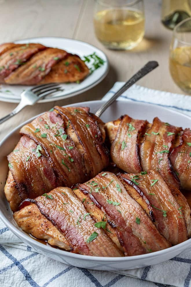 Bacon Wrapped Chicken Breasts on a platter.
