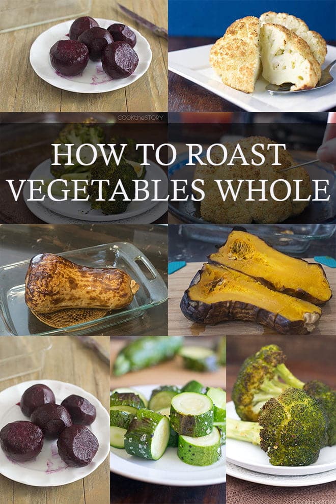 Photos of various whole roasted veggies, text reads How to Roast Vegetables Whole.