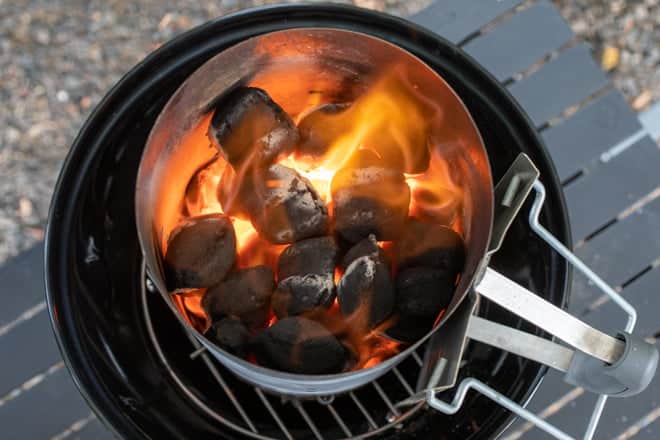 Fill a chimney starter with charcoal and light according the manufacture’s instructions.