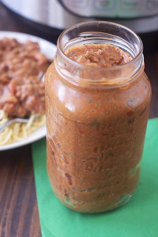 Instant Pot Spaghetti Sauce in a mason jar.