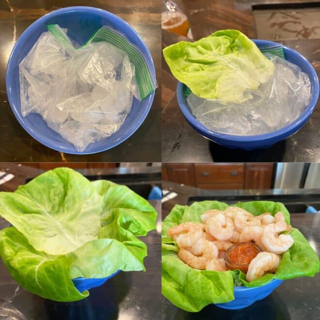 There are 4 panels in this image. The top left has a bowl with a bag of ice in it. Top right shows a butter lettuce leave on the bag of ice. Bottom left shows several leaves of lettuce fanned out and overlapping to fully cover the bag of ice. The bottom right shows a pile of shrimp on the lettuce surrounding a small container of cocktail sauce.