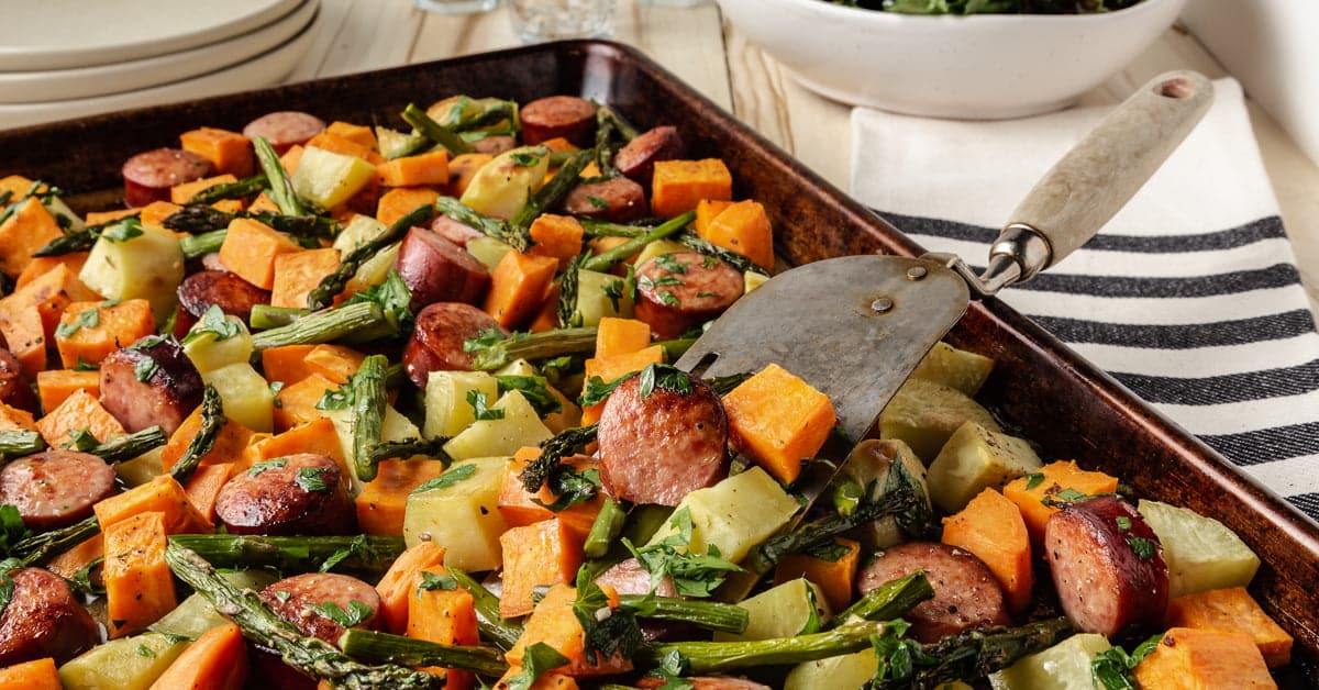 One-pan Sausage with Sweet Potato and Asparagus - Primavera Kitchen