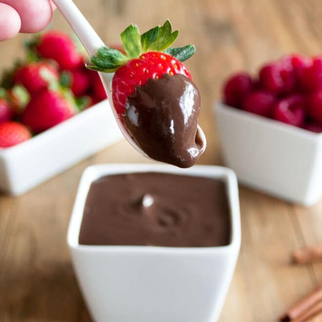 Strawberry covered in chocolate dip.