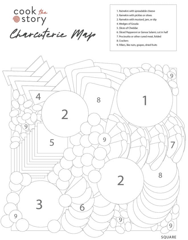 Square charcuterie board map with outlines and labels.