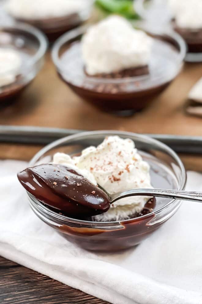glass bowl and spoon of chocolate panna cotta topped with whipped cream