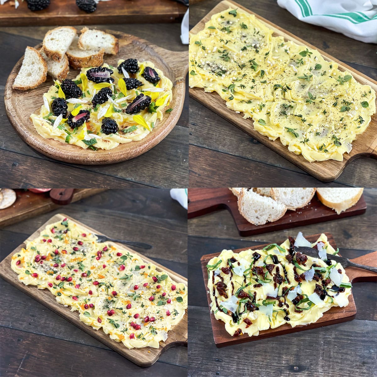 a collage of 4 butter boards, each on a cutting board with different ingredints.