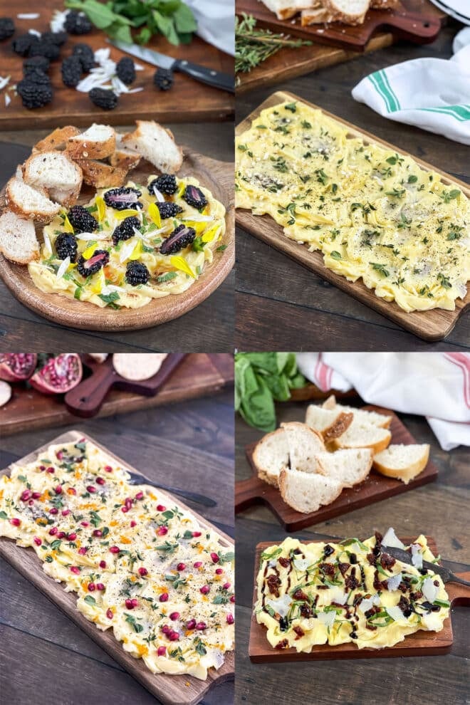A collage of four butter boards. Each is a wooden cutting board spread with butter and topped with a variety of ingredients. Ingredients are detailed in the article.