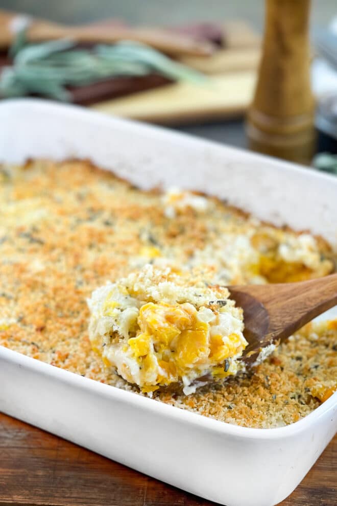 White casserole dish with butternut squash in cream sauce with breadcrumb topping.