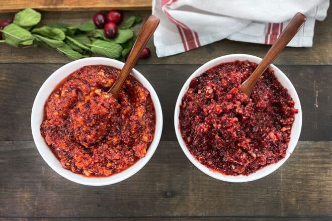 Two bowls of cranberry relish next to each other, one with more orange.