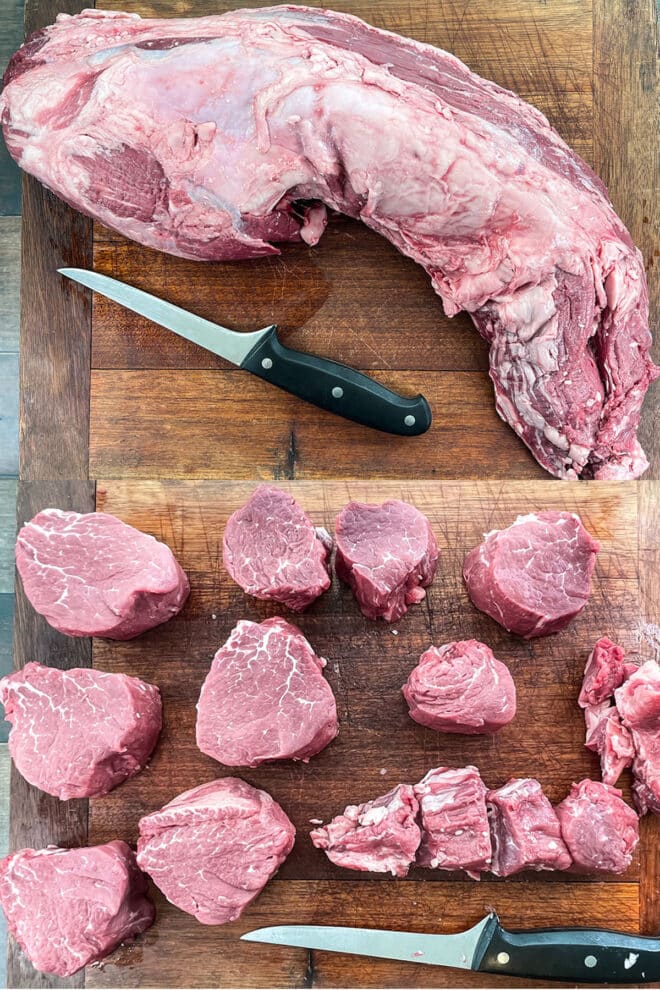 Whole untrimmed beef tenderloin and cut steak portions